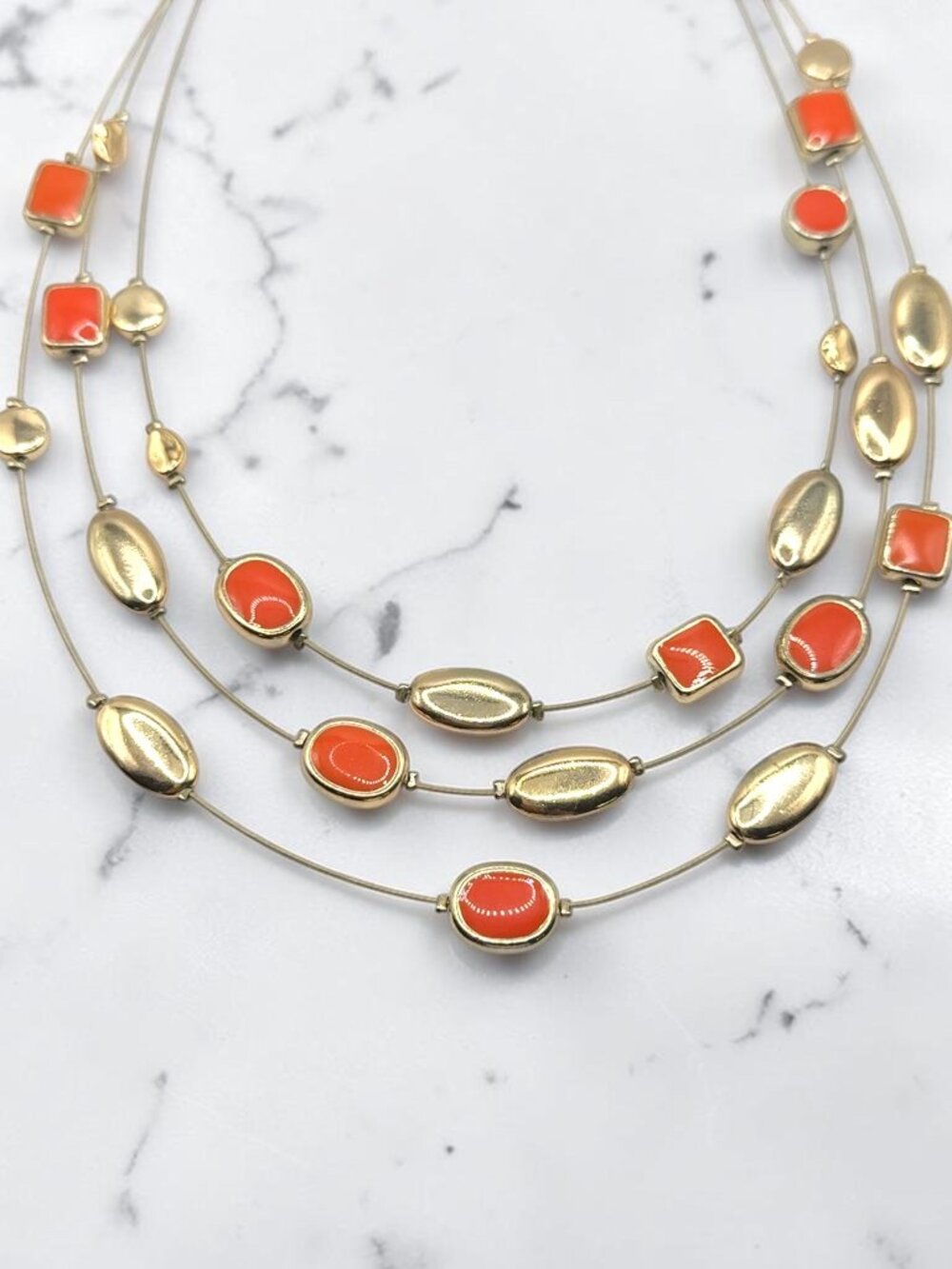 Gold-Tone Multi-Row Necklace with Orange Enamel